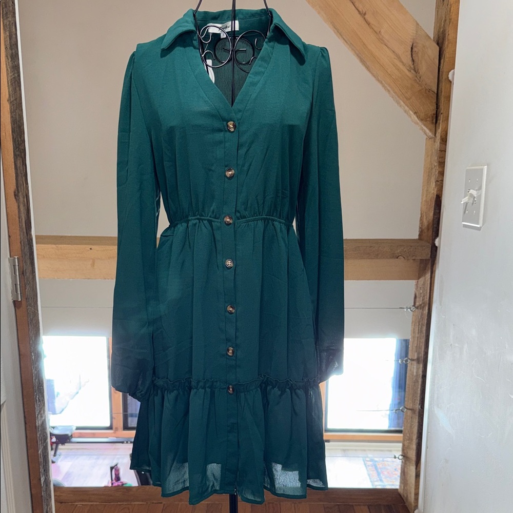 Chic Teal Button-Front Long Sleeve Dress